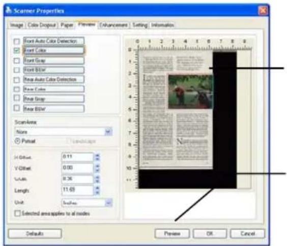 Scanner Properties Image | Color Dropout | Paper | Preview | Enhancement | Setting | Information Front Auto Color Detection Front Color Front Grap Front Blow Rear Auto Color Detection Rear Color Rear Grap Rear Blow ScanArea: None Phat H Offset: 0.11 V Offset: 0.00 Units: 8.36 Length: 11.65 Unit: 0.0000 Selected areas applies to all modes 0 1 2 3 4 5 6 7 8 9 1 2 3 4 5 6 7 8 9 10 11 Preview OK Cancel