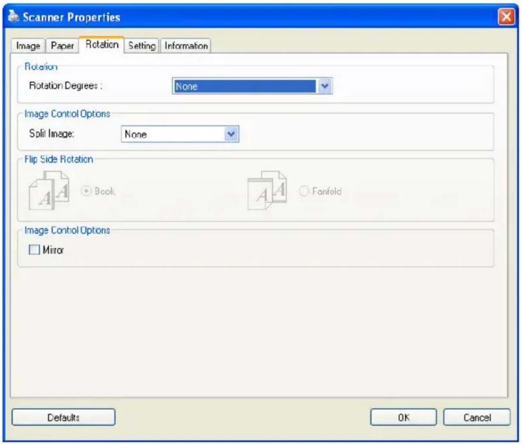 Scanner Properties Image Paper Rotation Setting Information Rotation Rotation Degrees: None Image Control Options Split Image: None Flip Side Rotation Book Fanfold Image Control Options Mirror Defaults OK Cancel