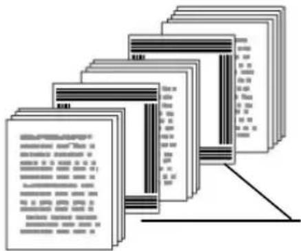 Stacked document pages with Chinese text, showing a list of documents or templates with some highlighted sections.