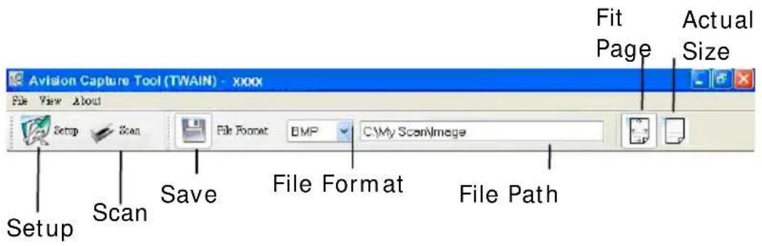 Avision Capture Tool (TWAIN) - xxxx File View About Setup Scan File Format BMP C:\My Scan\Image File Format File Path Fit Page Actual Size Setup Scan Save File Format File Path