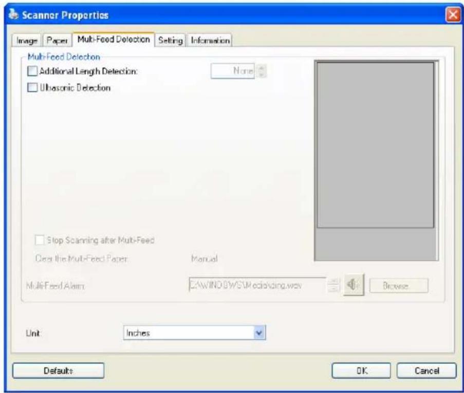Scanner Properties Image Paper Multi-Feed Detection Setting Information Multi-Feed Detection Additional Length Detection: None Ultrasonic Detection Stop Scanning after Multi-Feed Clear the Multi-Feed Paper Manual Multi-Feed Alarm C:\WINDOWS\MediaUsing.way Browse Unit Inches Defaults OK Cancel