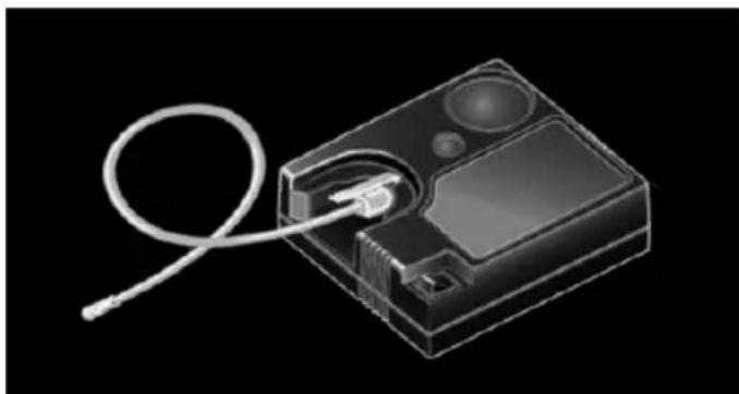 Illustration of a medical device with a wire and connector (no text or symbols)