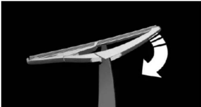 3D rendering of a wind turbine blade with a curved arrow indicating rotational motion (no text or symbols)