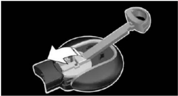 Cross-sectional diagram of a mechanical device with a lever and housing, showing internal components (no text or symbols)