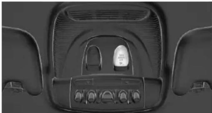 Top-down view of a car seatbelt with control buttons and a central touchscreen (no visible text or symbols)