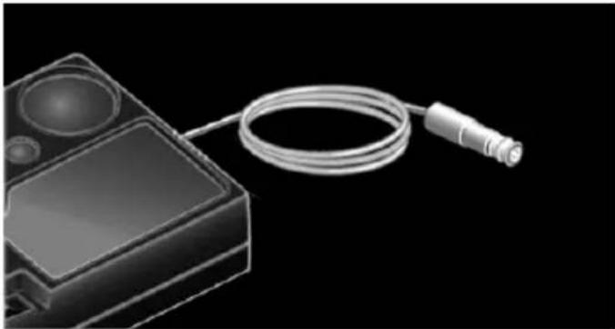 Illustration of a handheld electronic device with a coiled cable (no text or symbols visible)