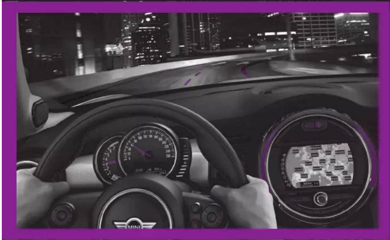 Interior view of a car with hands operating controls, dashboard, and digital navigation screens showing map or data (no readable text or symbols)