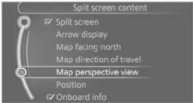 Split screen content ✓ Split screen Arrow display Map facing north Map direction of travel Map perspective view Position ✓ Onboard info