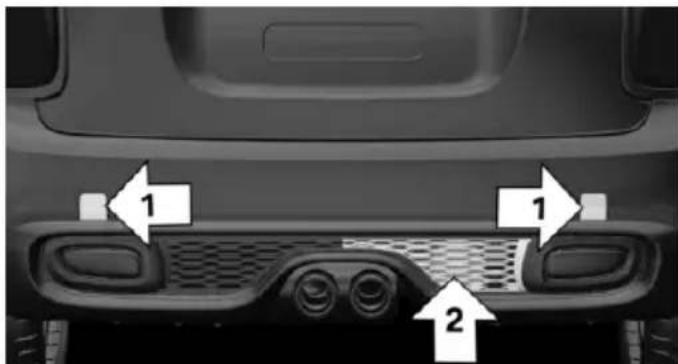 Top-down view of a car's rear bumper with numbered arrows indicating structural components or parts.
