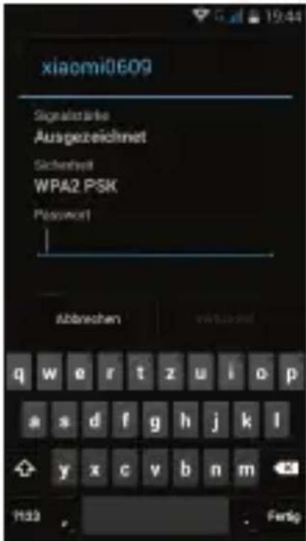 xiaomci0609 Signalstärke: Ausgezeichnet Sicherheit: WPA2 PSK Password1 Abbrechen wertzuiop xsdghjkl yxcvbnm 1133 Fertig