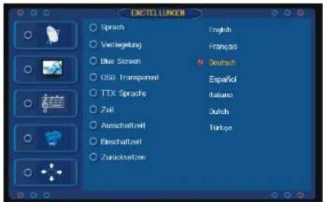 DINTELUNION Sprach Vertragung Blue Screen CSD Transparent TTX Sprache Zeil Areschaffzeit Einschaftzeit Zurücksetzen English Français Deutsch Español Italano Dutch Turkopen