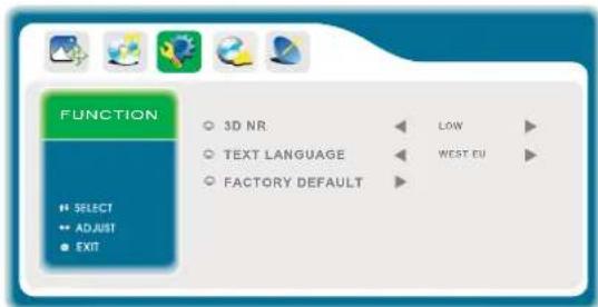 FUNCTION • SELECT • ADJUST • EXIT ○ 3D NR. ○ TEXT LANGUAGE ○ FACTORY DEFAULT ◄ LOW ◄ WEST EU ►
