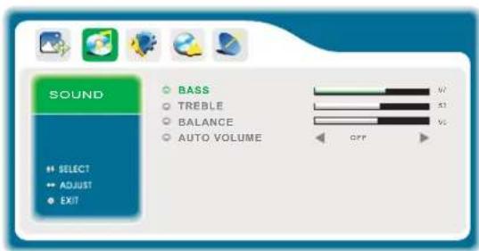 SOUND • SELECT • ADJUST • EXIT BASS • TREBLE • BALANCE • AUTO VOLUME OFF 97 93 95