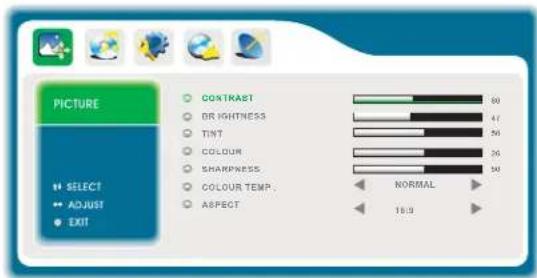 PICTURE • SELECT • ADJUST • EXIT CONTRAST OR LIGHTNESS TINT COLOUR SHARPNESS COLOUR TEMP. ASPECT 80 47 56 26 30 NORMAL 16.3