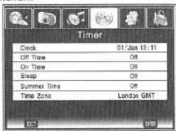 Timer Clock 01/Jan 13:11 Off Time 08 On Time 08 Sleep 08 Summer Time 08 Time Zone London GMT