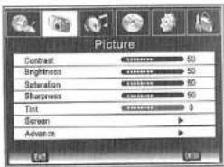 Picture Contrast 50 Brightness 50 Saturation 50 Sharpness 50 Tint 0 Screen Advance Exit