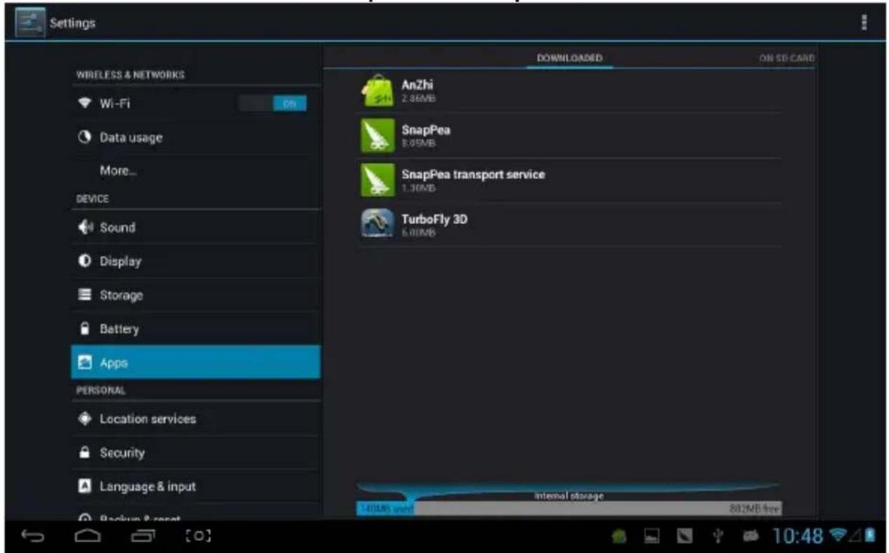 Settings WIRELESS & NETWORKS Wi-Fi Data usage More... DEVICE Sound Display Storage Battery Apps PERSONAL Location services Security Language & input Backup & reset Downloaded ON SD CARD AnZhi 2.86MB SnapPea 8.05MB SnapPea transport service 1.30MB TurboFly 3D 5.01MB Internal storage 400MB used 802MB…