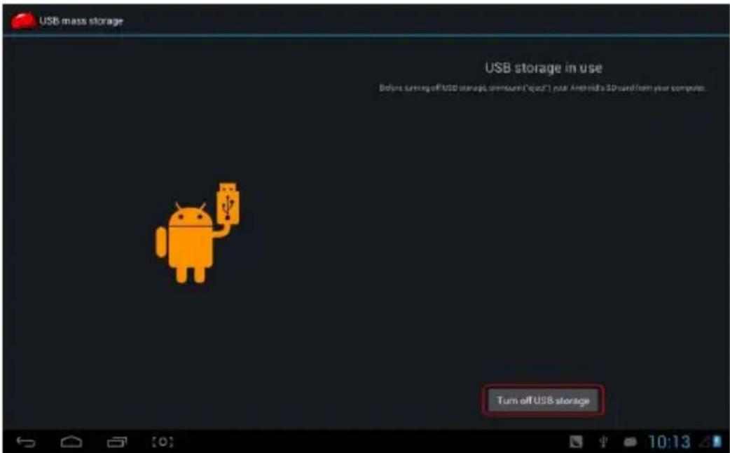 USB mass storage USB storage in use Before survey off USB storage, unsure ("cloud") your Android's SD card from your computer. Turn off USB storage