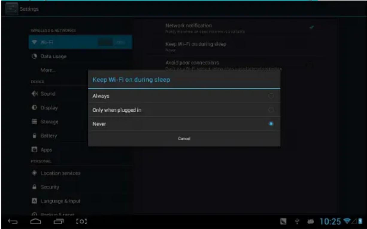 Settings WIRELESS & NETWORKS Wi-Fi Data usage More... Device Sound Display Storage Battery Apps PERSONAL Location services Security Language & input Network notification Notify me when an open network is available Keep Wi-Fi on during sleep Never Avoid poor connections Can trust a Wi-Fi network afte…
