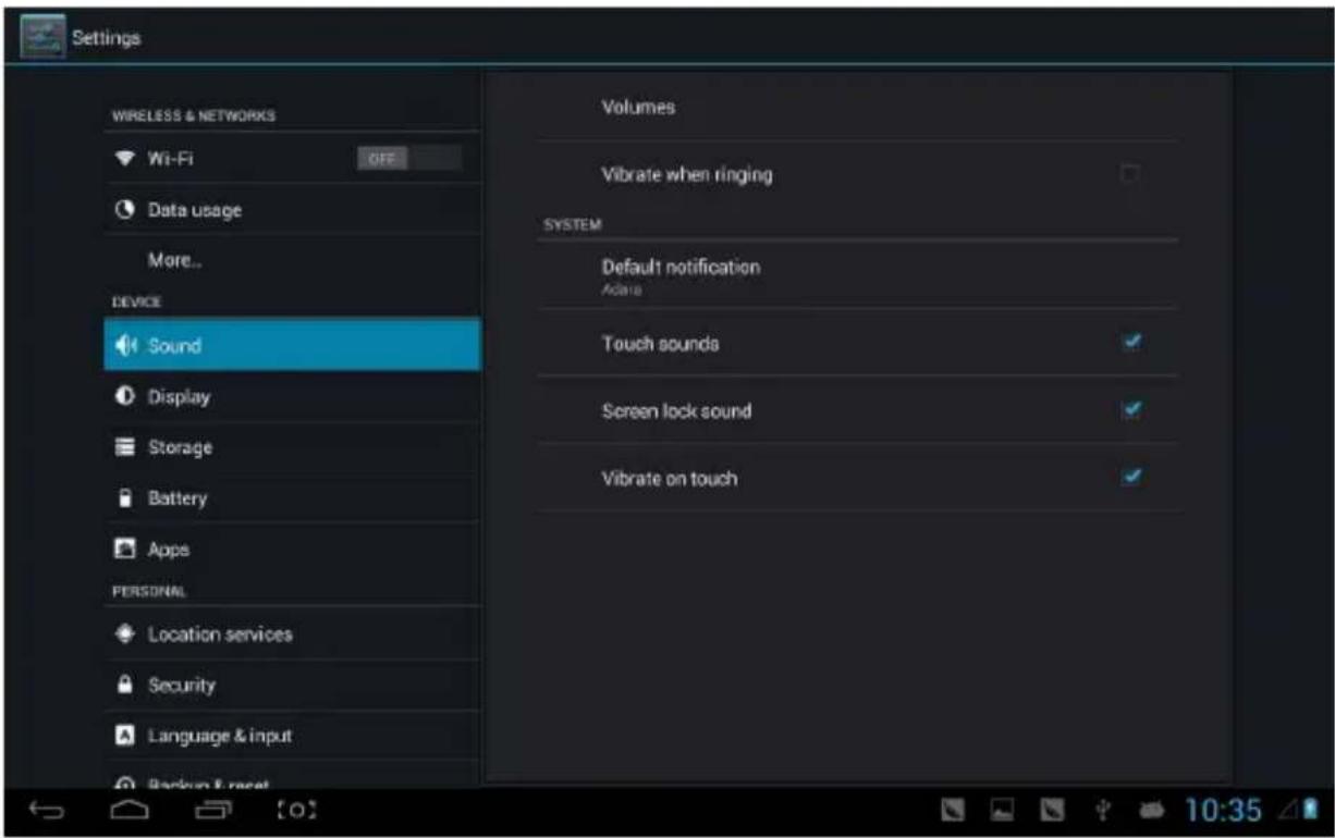 Settings WIRELESS & NETWORKS Wi-Fi OFF Data usage More... DEVICE Sound Display Storage Battery Apps PERSONAL Location services Security Language & input Backup & reset Volumes Vibrate when ringing SYSTEM Default notification Adobe Touch sounds ✓ Screen lock sound ✓ Vibrate on touch ✓