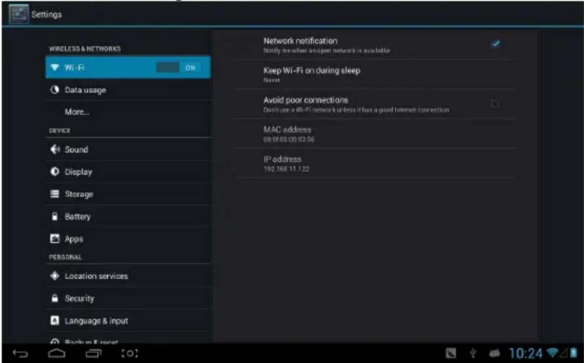 Settings WIRELESS & NETWORKS Wi-Fi ON Data usage More... DEVICE Sound Display Storage Battery Apps PERSONAL Location services Security Language & input Backup & reset Network notification Notify me when an open network is available Keep Wi-Fi on during sleep Reset Avoid poor connections Don't use a…