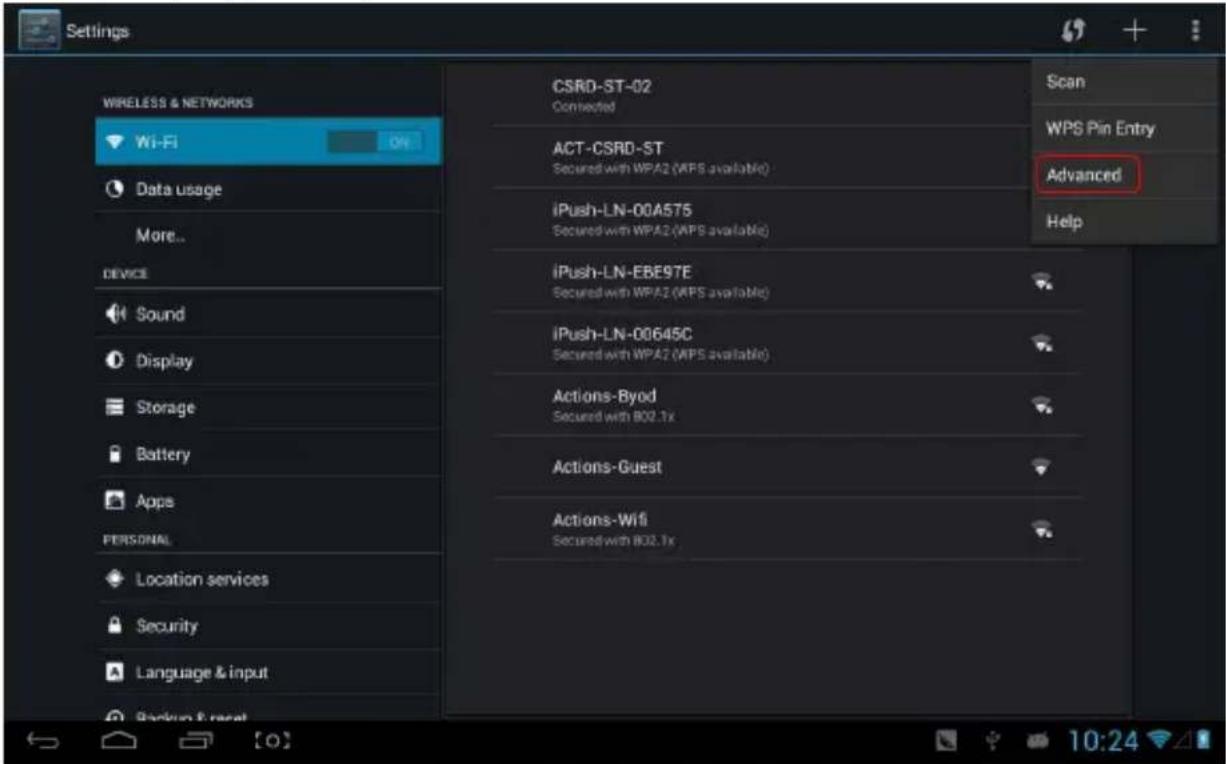 Settings WIRELESS & NETWORKS Wi-Fi Data usage More... DEVICE Sound Display Storage Battery Apps PERSONAL Location services Security Language & input Backup & reset CSRD-ST-02 Connected ACT-CSRD-ST Secured with WPA2 (WPS available) iPush-LN-00A575 Secured with WPA2 (WPS available) iPush-LN-EBE97E Sec…