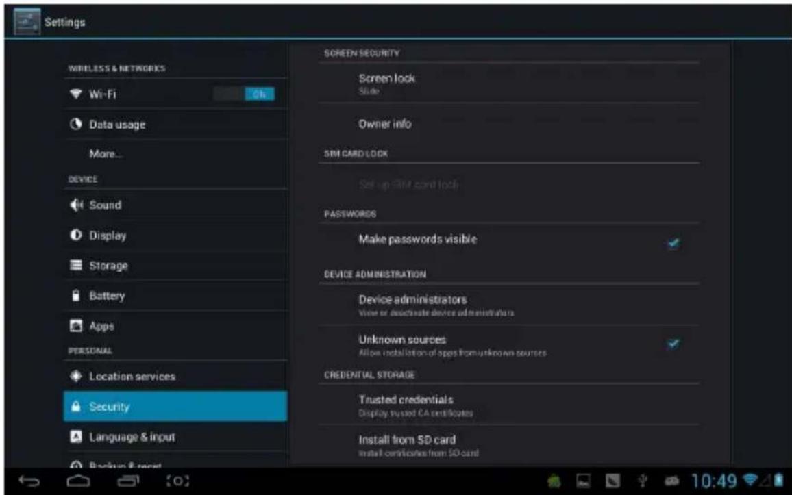 Settings WIRELESS & NETWORKS Wi-Fi Data usage More... DEVICE Sound Display Storage Battery Apps PERSONAL Location services Security Language & input Backup & reset SCREEN SECURITY Screen lock Slide Owner info SIM CARD LOCK Set up SIM card lock PASSWORDS Make passwords visible DEVICE ADMINISTRATION D…