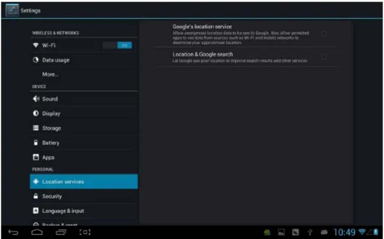 Settings WIRELESS & NETWORKS Wi-Fi ON Data usage More... DEVICE Sound Display Storage Battery Apps PERSONAL Location services Security Language & input Google's location service Allow anonymous location data to be sent to Google. Also allow permitted apps to use data from sources such as Wi-Fi and m…