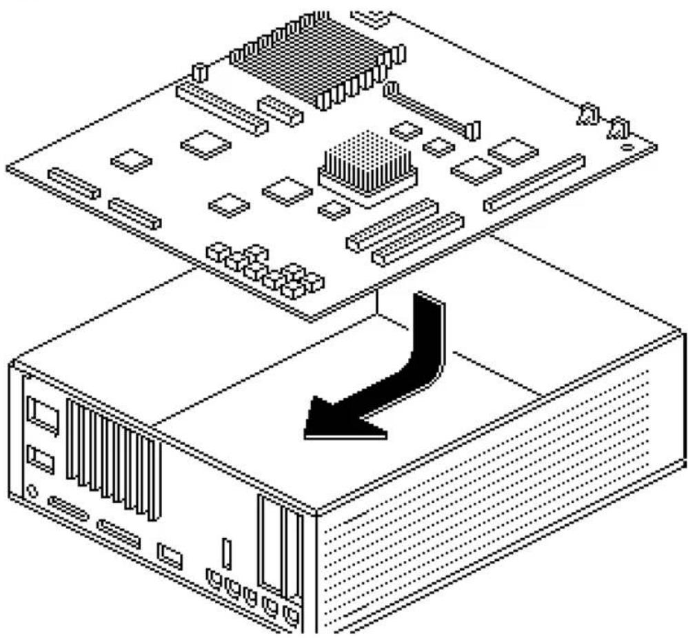 Isometric line drawing of a computer motherboard with an arrow indicating a process or transformation (no text or symbols present)