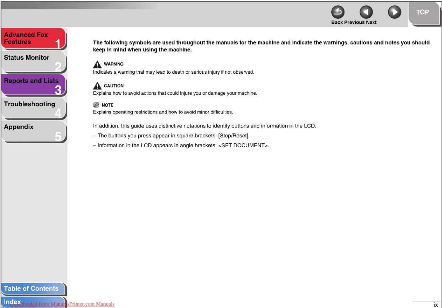 Advanced Fax Features 1, Status Monitor 2, Reports and Lists 3, Troubleshooting 4, Appendix 5, Table of Contents, Index, Back, Previous, Next, TOP. The following symbols are used throughout the manuals for the machine and indicate the warnings, cautions and notes you should keep in mind when using t…