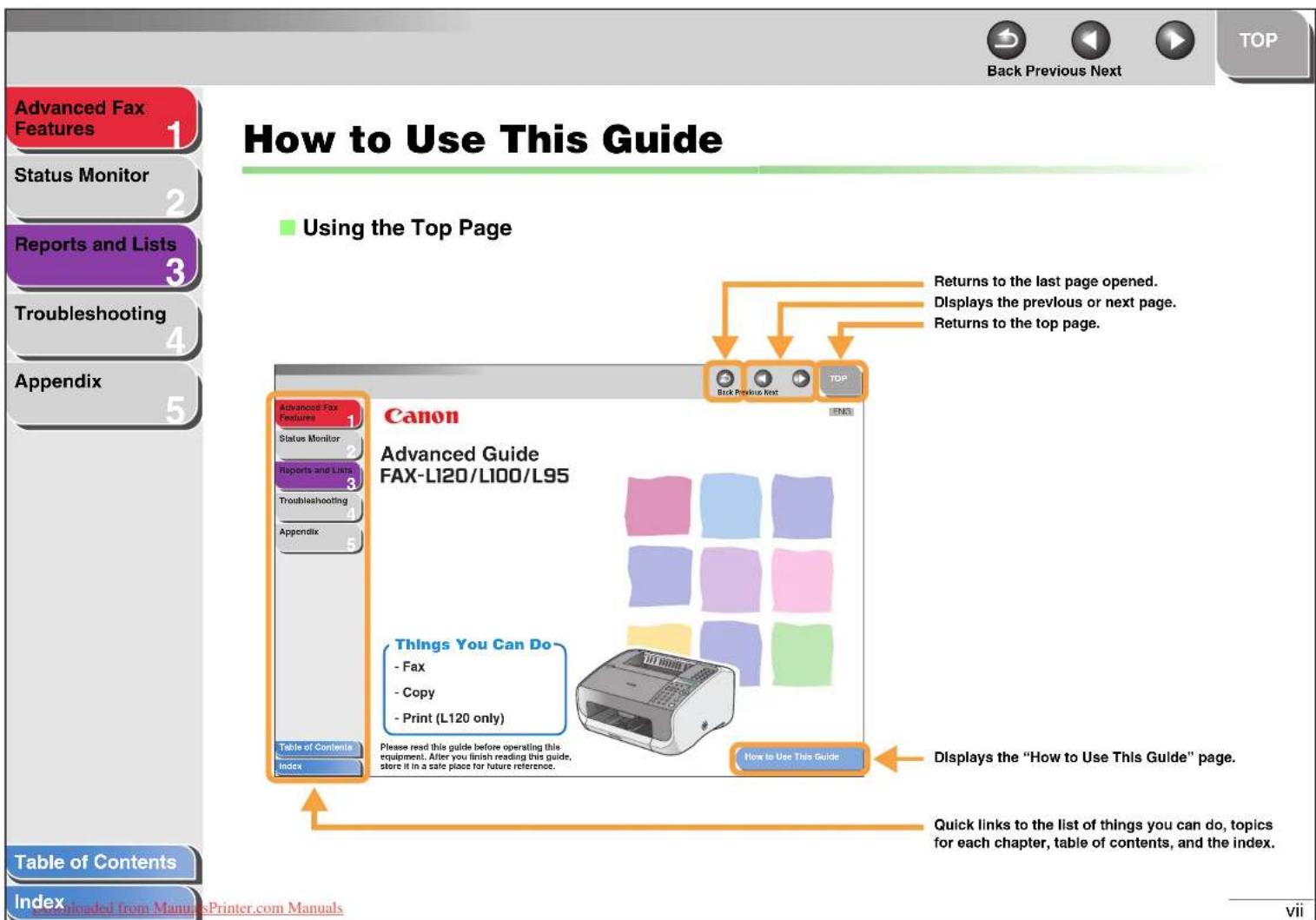Advanced Fax Features, Status Monitor, Reports and Lists, Troubleshooting, Appendix, Table of Contents, Index, Back, Previous, Next, TOP. How to Use This Guide: Using the Top Page. Canon Advanced Guide FAX-L120/L100/L95. Returns to the last page opened. Displays the previous or next page. Returns to…