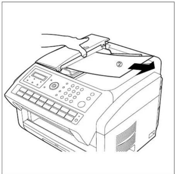 Line drawing of a printer with a hand inserting a paper into the top page (no text or symbols present)