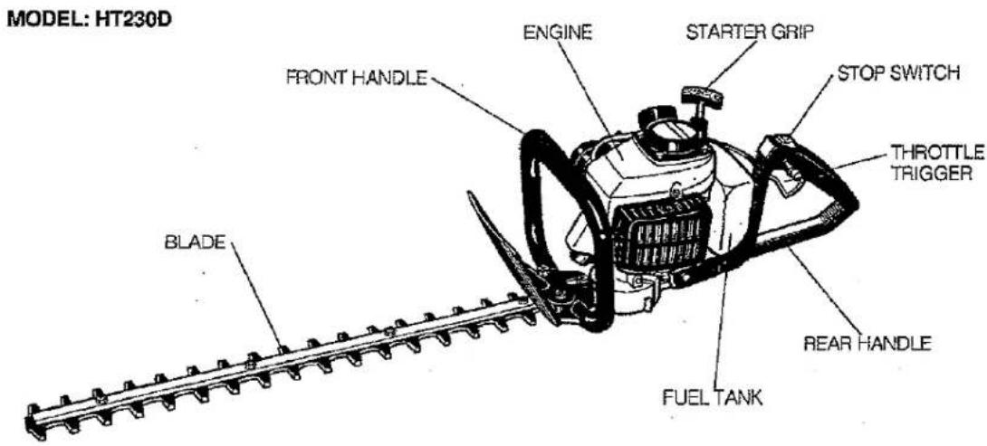 MODEL: HT230D FRONT HANDLE ENGINE STARTER GRIP STOP SWITCH THROTTLE TRIGGER BLADE REAR HANDLE FUEL TANK
