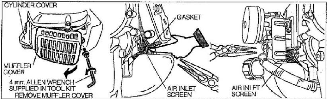 CYLINDER COVER MUFFLER COVER 4 mm. ALLEN WRENCH SUPPLIED IN TOOL KIT REMOVE MUFFLER COVER GASKET AIR INLET SCREEN AIR INLET SCREEN