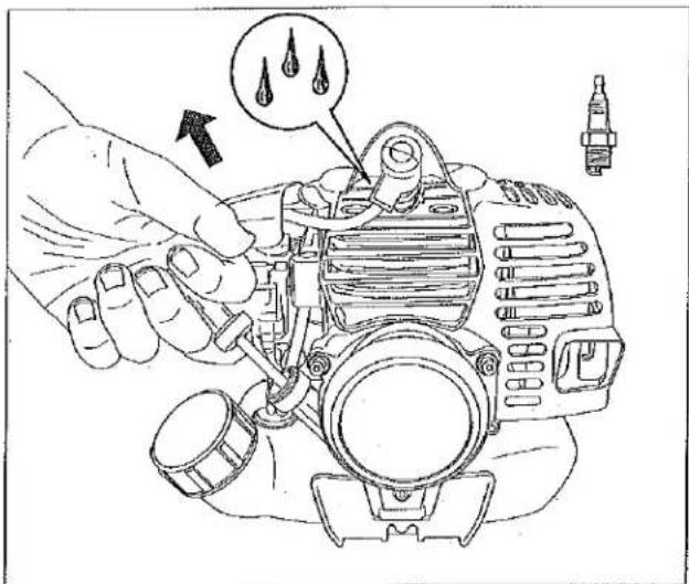 Technical diagram showing a hand using a valve to adjust components with water droplets and spark plug, labeled in English.