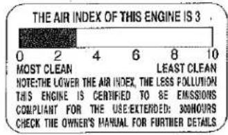 THE AIR INDEX OF THIS ENGINE IS 3 MOST CLEAN NOTETHE LOWER THE AIR INDEX, THE LESS POLLUTION THIS ENGINE IS CERTIFIED TO BE EMISSIONS COMPLIANT FOR THE USE EXTENDED: 300HOURS CHECK THE OWNER'S MANUAL FOR FURTHER DETAILS