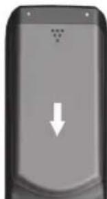Close-up of a gray mobile phone back with a white downward arrow indicating a drop (no text or symbols visible)