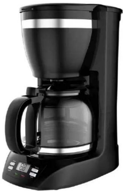 Black and white photo of a modern coffee maker with digital display and control panel (no visible text or symbols)