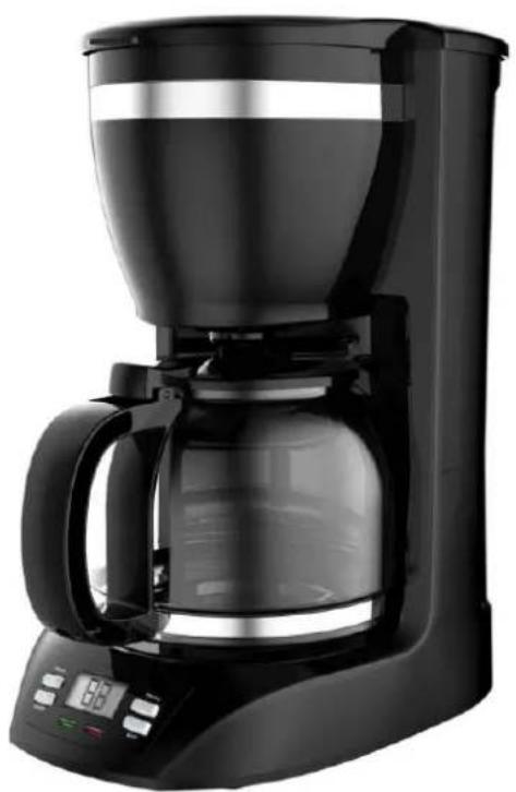 Black and white photo of a modern coffee maker with digital display and control buttons (no visible text or symbols)