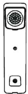 Simple line drawing of a handheld device with a circular button and square base (no text or symbols)