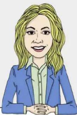 Illustration of a woman with blonde hair wearing a blue blazer and green shirt, hands clasped (no text or symbols)