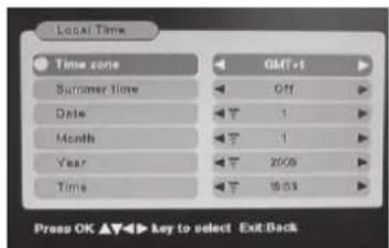 Local Time Time zone GMT+1 Summer Time 0:17 Date 1 Month 1 Year 20/09 Time 18:03 Press OK ▲▼▼▼ key to select Exit Back