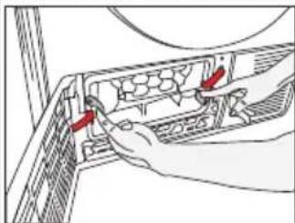Illustration of hands connecting a computer tower to a rack with red arrows indicating connection points (no text or symbols present)