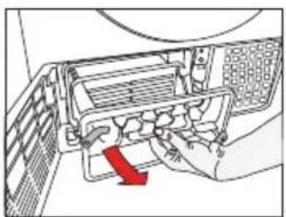 Diagram of a computer monitor with a hand inserting a drive into the case, showing internal components and a red arrow indicating action (no text or symbols present).