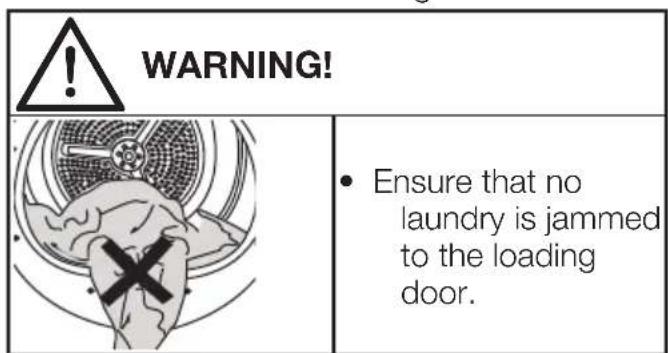 WARNING! Ensure that no laundry is jammed to the loading door.
