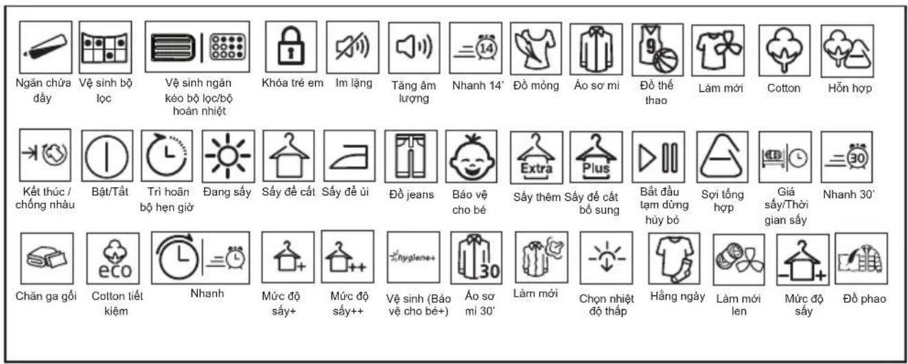 Ngăn chứa đầy Vệ sinh bộ lọc Vệ sinh ngăn kéo bộ lọc/bộ hoàn nhiệt Khóa trẻ em Im lặng Tăng âm lượng Nhanh 14' Đồ mỏng Áo sơ mi Đồ thể thao Làm mới Cotton Hỗn hợp Kết thúc / chống nhàu Bật/Tắt Trì hoãn bộ hẹn giờ Đang sấy Sấy để cất Sấy để ủi Đồ jeans Bảo vệ cho bé Sấy thêm Sấy để cất bổ sung Bắt đầ…