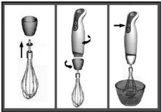 Diagram illustrating three-step cooking process: mixing a bowl, using a brush with an applicator, and pouring liquid into a bowl.