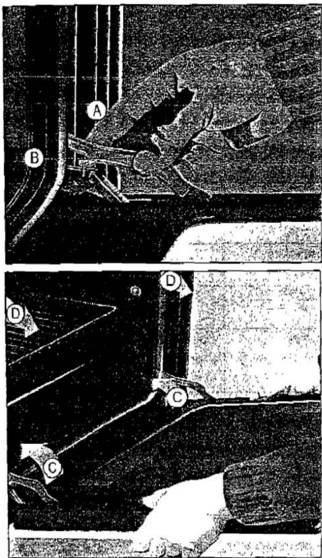 Schéma technique montrant un assemblage mécanique avec des composants étiquetés A, B, C, D et des flèches directionnelles indiquant le mouvement ou le flux.