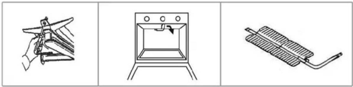 Three technical line drawings of industrial equipment: a hand holding a fan, a machine with a handle, and a coiled tool (no text or symbols)