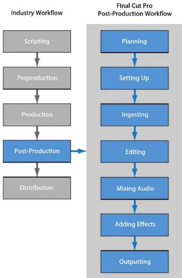 graph TD A["Scripting"] --> B["Preproduction"] B --> C["Production"] C --> D["Post-Production"] D --> E["Distribution"] F["Planning"] --> G["Setting Up"] G --> H["Ingesting"] H --> I["Editing"] I --> J["Mixing Audio"] J --> K["Adding Effects"] K --> L["Outputting"] M["Final Cut Pro Post-Production W…
